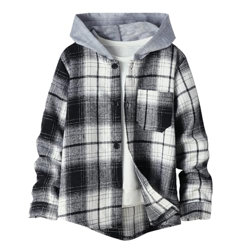 QLIPIN Boys Flannel Shirts Plaid Hooded Button Down Long Sleeve Shirt Fall Winter Clothes Lightweight Shacket Jacket