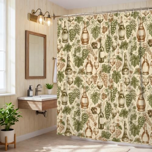 Rideau de douche imperméable en polyester vert imprimé bouteilles de vin 183x213