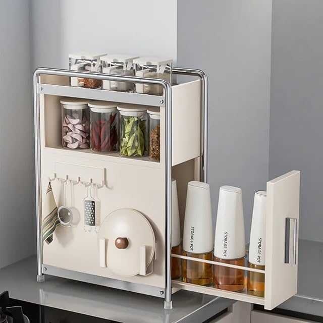 HOME CUBE Multifunctional Kitchen Countertop Pull-Out Spice Rack Storage Shelf with Hooks Kitchen Pantry Cabinet Space Saving Narrow Slim Slide-Out Storage Station for Condiment, Oil Bottles, Jars.