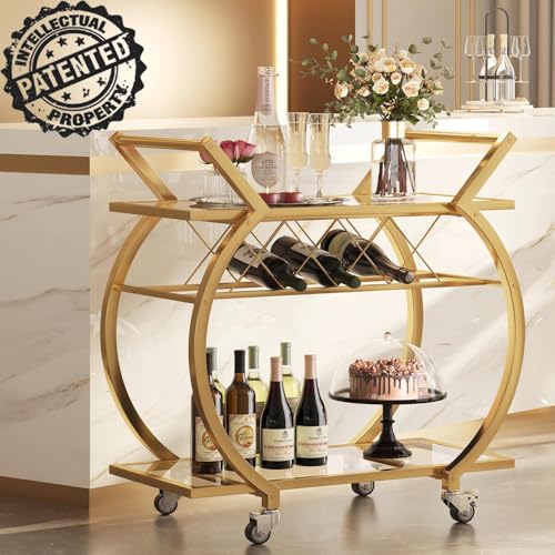 Image of LVB Gold Bar Cart with Glass, Bar Cart with Wheels, Wine Cart with Storage | 2 Tier Glass Shelves Home Bar Serving Cart with Wine Rack, Liquor Cart for Kitchen, Bar, Dinning Room