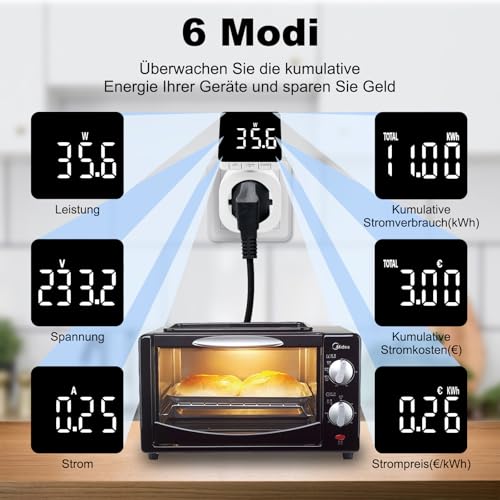 Stromzähler für Steckdose 6 Modi, 180°Rotbarer Stromzähler Strommessgerät mit Groß LCD, Strommessgerät Steckdose Energiekostenmessgerät Hinterleuchtete Weiße Ziffern, Wattmeter Kwh Zähler Strommesser