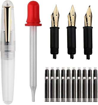 Majohn Q2 Mini Resin Fountain Pen Pocket-Size Travel Pen Iridium Fine Nib Fountain Pen with 3 Pen Nibs, Short Size Eyedropper and 20 Black Ink Cartridges - Transparent
