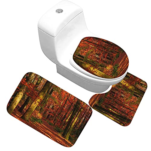 Badematten Set,Badematten Teppich-Set 3-Teilig Red Leaf Forest 3D-Druck Rutschfeste Badematten Weiche Mikrofaser…