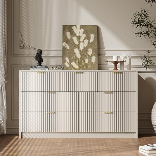 Image of MAISONARIA 56 inch Wide Fluted 7-Drawer Dresser for Bedroom, Beige