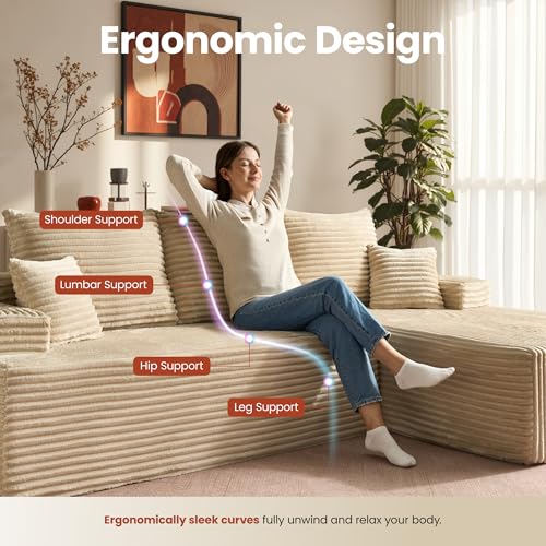 Image of ovios 96 inch Cloud Sectional Couch with L-Shape Chaise,Modern Modular Sofa with Deep Seat, Upholstered Couches for Living Room Bedroom,No Assembly Required, Beige (Plush Corduroy Fabric)