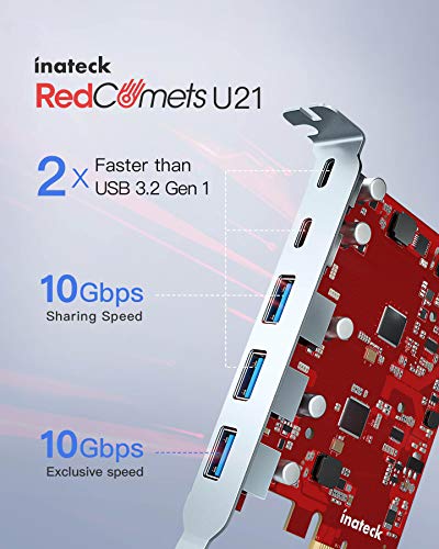 Image of Inateck PCIe to USB 3.2 Gen 2 Card with 20 Gbps Bandwidth, 3 USB Type-A and 2 USB Type-C Ports, KU5211, Red