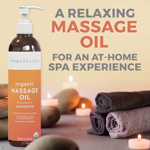 Image of Viva Naturals Organic Massage Oil Unscented (8 fl. oz.) - Non-Greasy Body Oil with Mess-Free Pump, Moisturizing Massage Oils for Massage Therapy, Non-GMO and Certified Organic, 237 mL