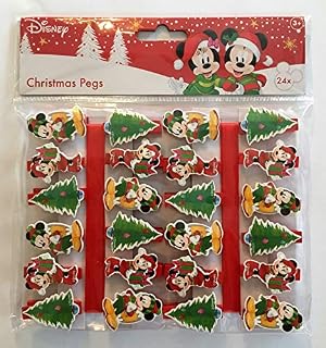 Disney PMS Christmas Xmas Card Holder Pegs, Mickey & Minnie Mouse - Pack of 24 Pegs + Red Ribbon