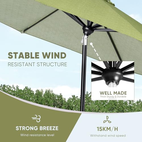 Image of Tempera 9ft Patio Market Outdoor Table Umbrella with Auto Tilt and Crank, Large Sun Umbrella with Sturdy Pole & Fade Resistant Canopy, Easy to Set, Grass