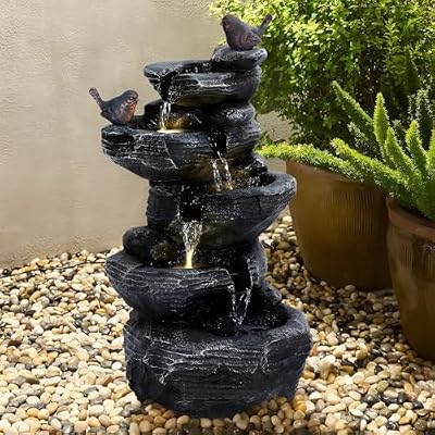 Ehozirta 5-Tier Cascading Water Fountain with LED Lights - Outdoor Garden Fountain with Soothing Waterfall Sounds, Feng Shui Decor for Patio/Backyard, Weatherproof Resin Construction Blakc