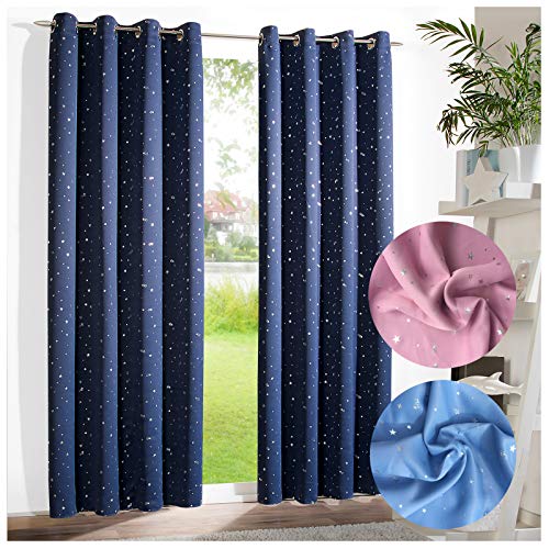 heimtexland ® Typ639 Rideau occultant pour enfant Motif étoiles Argenté/bleu foncé 225 x 135 cm