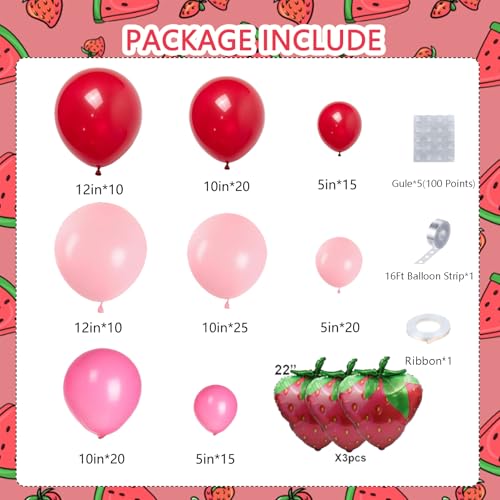 Image of 142 Pcs Strawberry Balloon Garland Arch kit,Red,Pink,Light Pink,Strawberry Foil Balloon for Berry First birthday Decorations,Baby shower,Strawberry Party Decorations