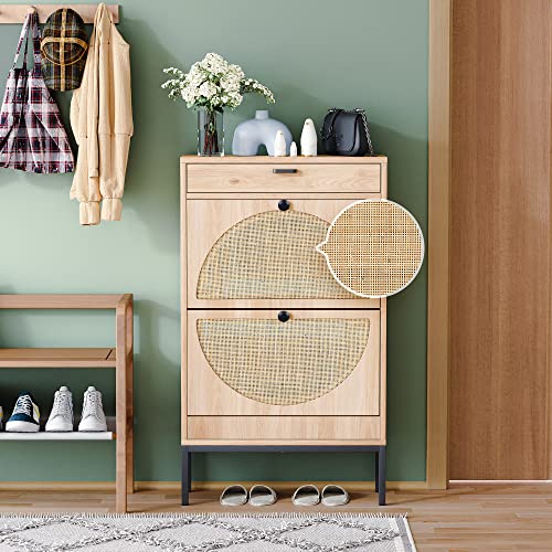 Yechen Shoe Rack Storage Organizer With 2 Natural Semi-Circular Rattan Doors, Entryway Wooden Shoe Cabinet For Sneakers, Leather Shoes thumb #5