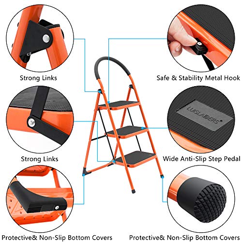 Luisladders Folding 3 Step Ladder Portable Space Saving Lightweight Ladders with Sturdy Steel and Anti-Slip Wide Pedal, Multi-Use for Household, Market, Office (330 Lb)