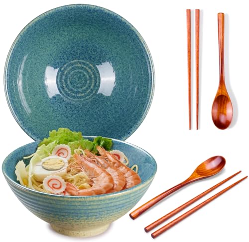Ceraozmus 2x Ramen Schüssel Keramik - 1200ml - 20 cm -Mit Löffel und Essstäbchen for Ramen Soup Pho Udon Asian Noodles,Large Noodle Bowls (Einfarbiges Blau 2 Satz)