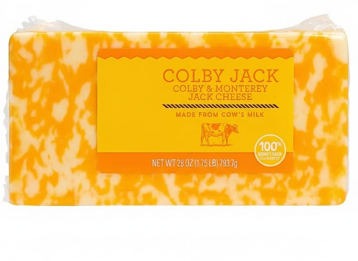 Colby Jack Cheese , Slice up for cheese platters , Grate into salads, casseroles, soups and sauces , Cube or slice for snacking , Shred and add to quesadillas, nachos or omelet , 28 servings (1 oz. serving size) . [ 28 oz , 1.75 lb ]