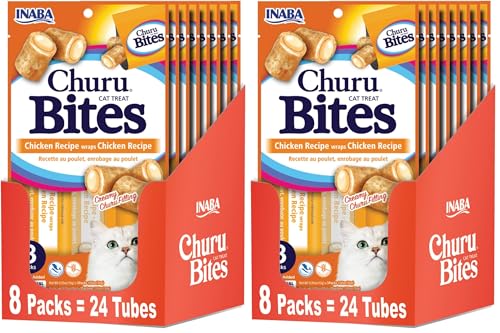 Image of INABA Churu Bites for Cats,Grain-Free,Soft /Chewy Baked Chicken Wrapped Churu Filled Cat Treats with Vitamin E,1.05,(Pack of 16)