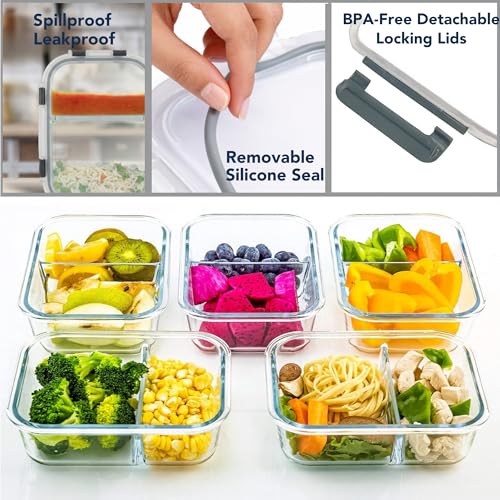 Image of Glass Lunch Box with 2 Compartments | Leakproof Borosilicate Glass Lunch Container with Airtight Lid | BPA Free Tiffin Box for Office, School & Travel (980ml)