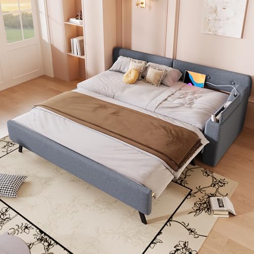 Rtopsu Divano Letto Estraibile 90x200 cm con USB-C, Divano Letto 2 Posti con Contenitore Integrato nei Braccioli, Sofa Bed con Rete a Doghe in Legno, Lino, Grigio, Senza Materasso