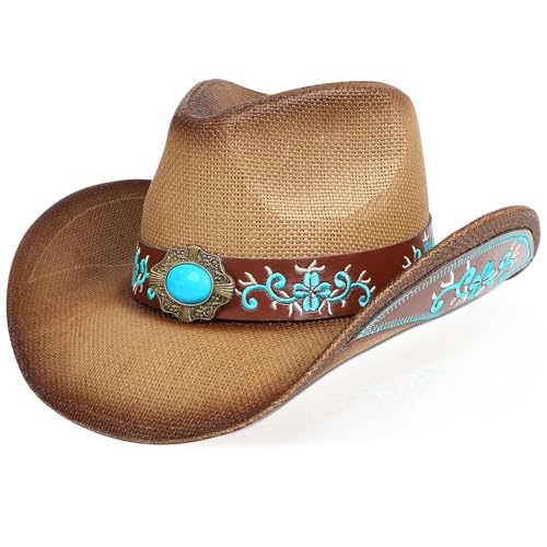 WQWOVRVO Cowboy Hat Cowgirl hat Brown Cowboy Hats for Women Men Straw Wide with Shapeable Brim Cowboy Hat for Womens (Brown)
