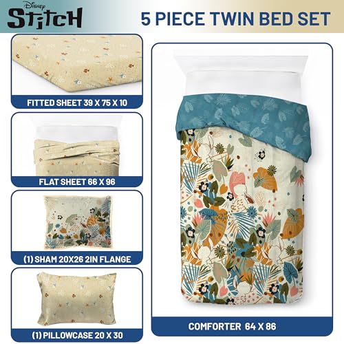 Image of Disney Lilo and Stitch Twin Comforter Set 5 Piece Floral Bedding, Multi | Bed in a Bag, Comforter Sheets Sham Pillowcase, Official Product, Soft Microfiber, Machine Washable, Easy Care, Girls Gift