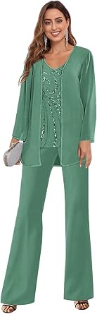 Dressy Mother of The Bride Pant Suits for Women Sequin Chiffon 3 Pieces Formal Pantsuits for Wedding Guest Evening
