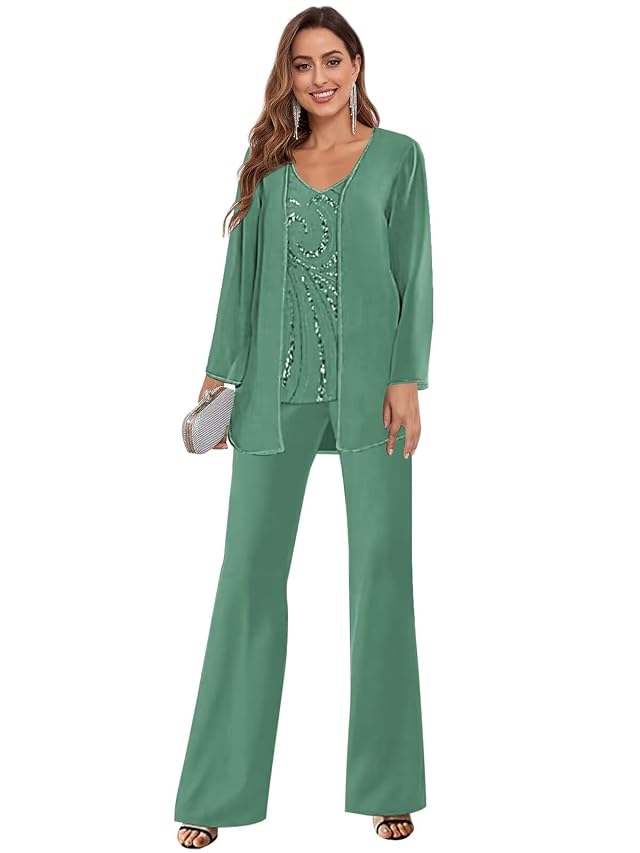 3 Pieces Sequin Mother of The Bride Pant Suits for Women Dressy Chiffon Formal Evening Outfits