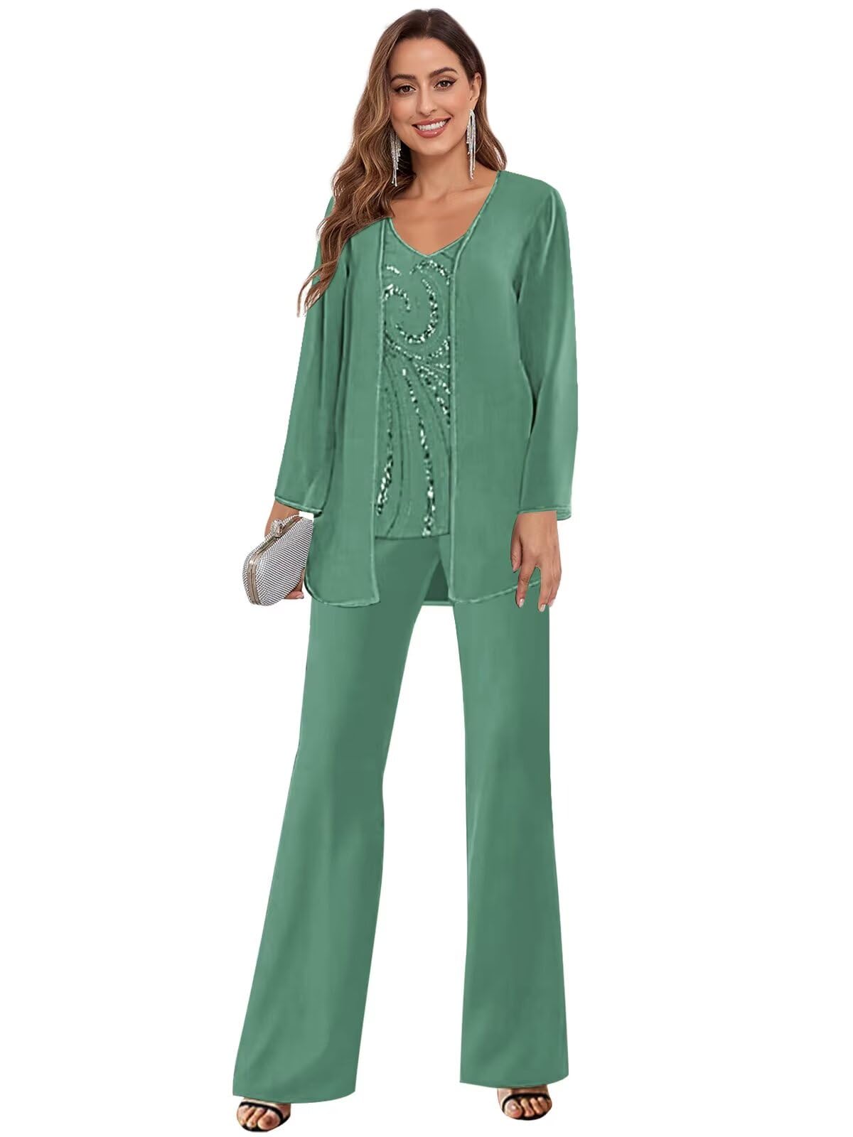 3 Pieces Sequin Mother of The Bride Pant Suits for Women Dressy Chiffon Formal Evening Outfits