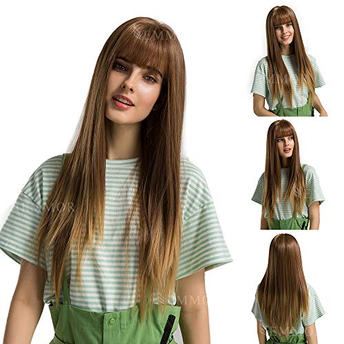 EMMOR Long Ash Blonde Wig for Women - Natural Straight Hair With Air Bang Wigs, Party Cosplay Daily Use