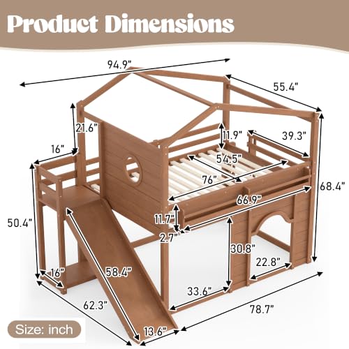 Image of Bellemave Bunk beds Full Over Full with Slide,Bookshelf and Wardrobe House roof Design, Low bunk /loft Bed for Kids, Natural