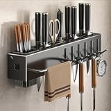 Kitchen Utensil Rack Wall Mounted, Spice Organizer Shelf, Hanging Storage Rack with Hooks, Cutlery Knife Holder for Knives Spoons Forks Chopsticks Towel 40cm/15.7in (Black)