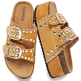 (Size 10) Women's Platform Sandals With Cork Footbed Adjustable Double Buckle Suede Chunky Sandals for Summer Shoes Fashion Thick Soled Mules Slides Beach Wide Widths Studded Sandals Walking Footwear