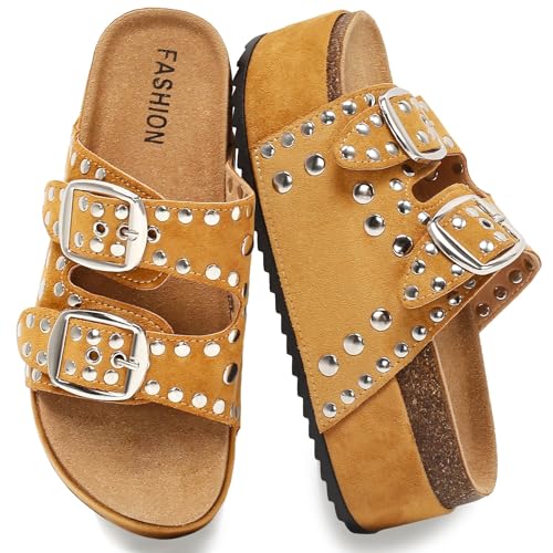 (Size 10) Women's Platform Sandals With Cork Footbed Adjustable Double Buckle Suede Chunky Sandals for Summer Shoes Fashion Thick Soled Mules Slides Beach Wide Widths Studded Sandals Walking Footwear