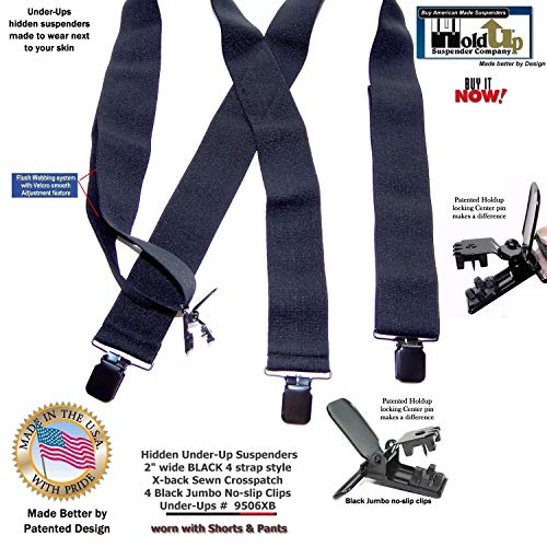 Holdup Brand 2\" Wide Black Undergarment Hidden Suspenders with/Patented Black No-slip Clips
