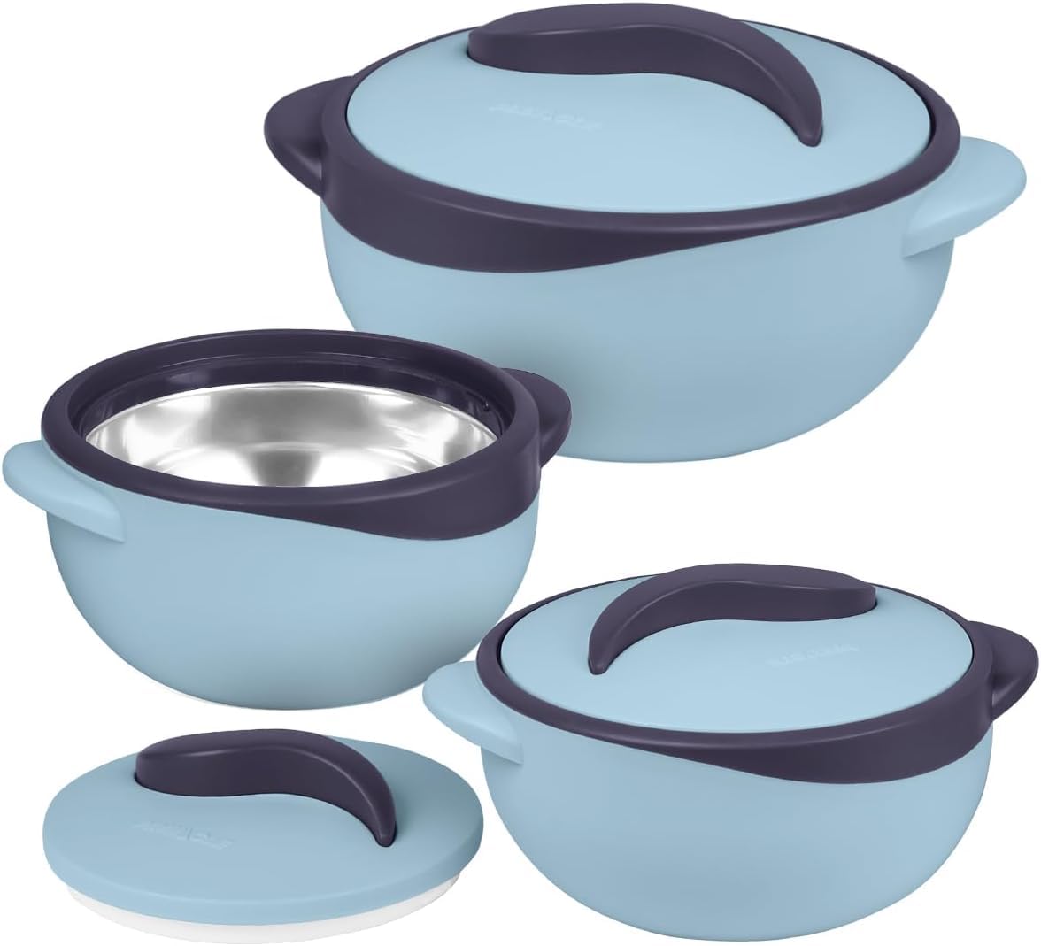 Pinnacle - Casseruola isolata con coperchio, set da 3 pezzi, 2,6/1,5/1 qt. Scaldavivande termiche per zuppa/insalata, contenitore per alimenti caldi in acciaio inox, set regalo per mamme - Vacanze