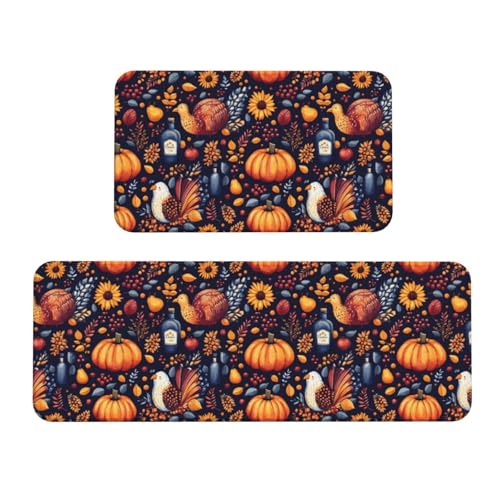 GVYGVY Antifatigue Kitchen Mats for Floor 2 Piece - Turkey and Pumpkin Print Kitchen Rugs Washable, Non Slip Runner Rug Standing Mat for Office/Bathroom/Laundry/Home Decor and Accessories