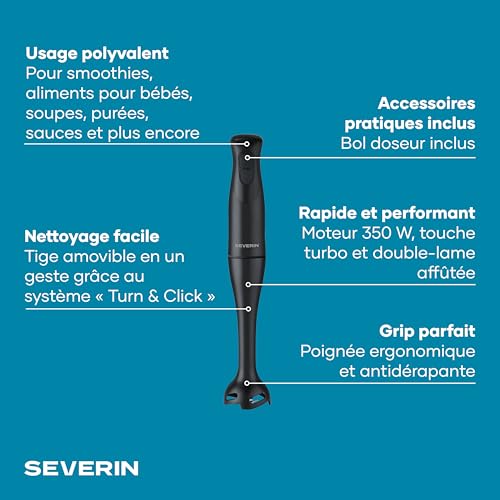 Mixeur Plongeant Severin SM 3761 – 350W, Pied Amovible, Gobelet 700ml - vue 3