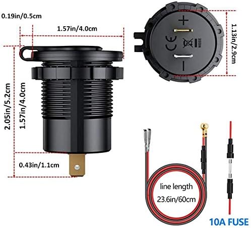 PD Type C USB Car Charger Socket and QC 3.0 Quick Charger Car Power Outlet Socket with ON/Off Switch and LED Voltmeter Waterproof 12V/24V for Motorcycle Marine RV ATV