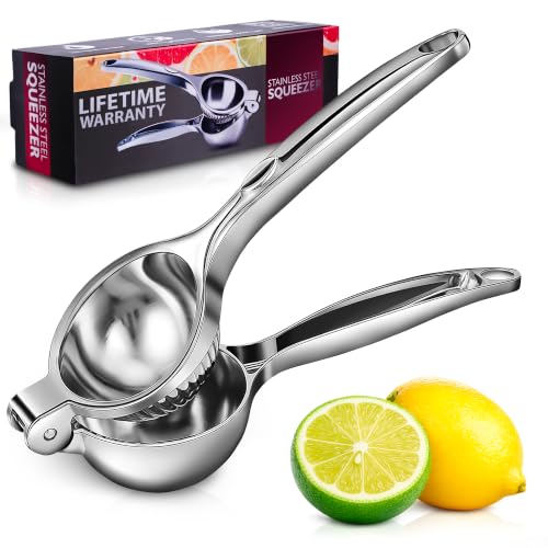 Image of Manual Stainless Steel Lemon Squeezer - Extract More Juice from Lemons, Limes & Small Citrus - Handheld Juicer with Built-In Strainer, Threaded Groove for Home, Chefs & Bartenders