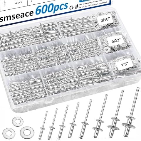 smseace 600Pcs Stainless Steel Pop Rivets with Washer Assortment Kit 8-Sizes Stainless Rivets(1/8Inch 5/32Inch 3/16Inch) for Metal,Furniture,Automotive,Instruments Stainless Steel Rivets Set Cover
