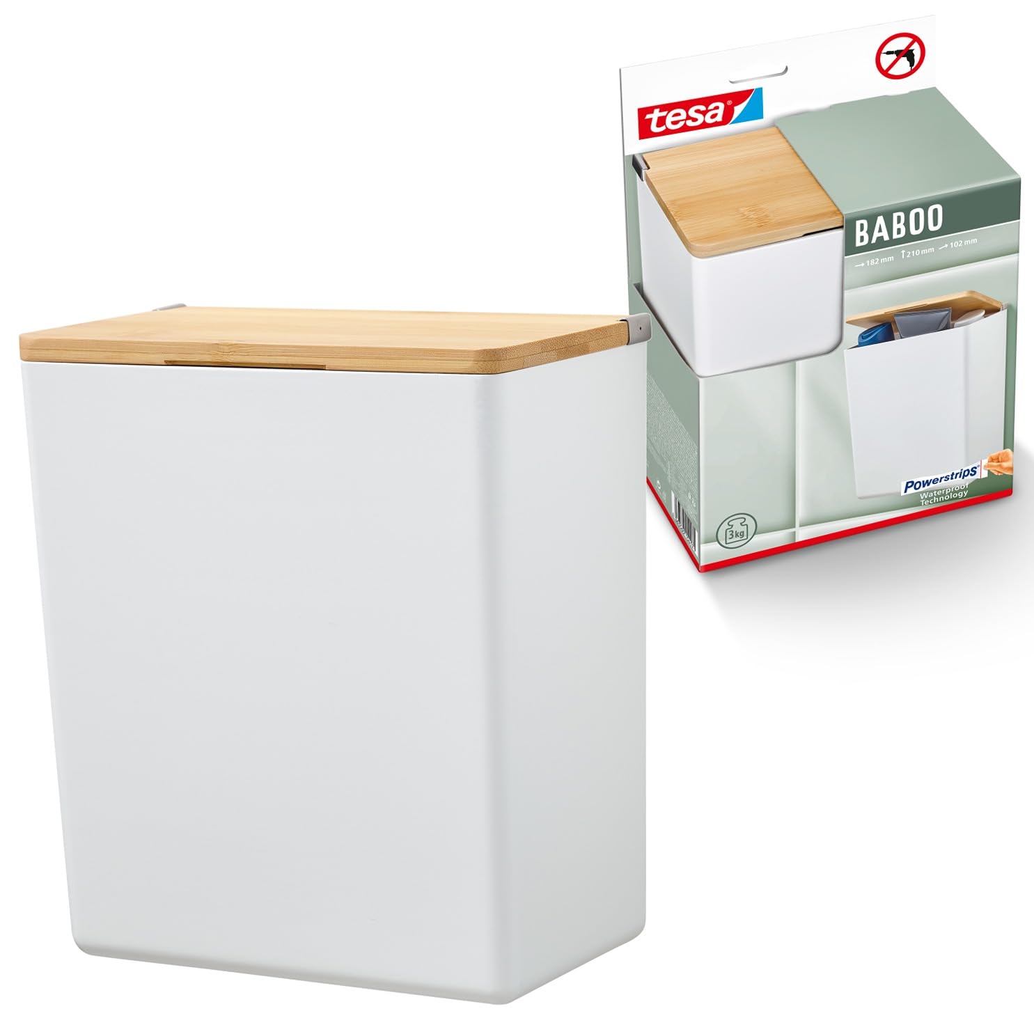 tesa Baboo Organizer Łazienkowy L z Bambusową Pokrywą, Matowy Biały, Pojemnik do Łazienki, Montaż bez Wiercenia, Plastry Montażowe tesa Powerstrips Waterproof XL, 182 mm x 210 mm x 102 mm