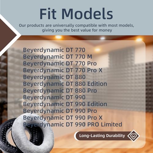 DT770 Ohrpolster Ersatz für Beyerdynamic - Kopfhörer Schaumstoff Ohrpolster für Beyerdynamic DT 770/Pro, DT 880/Pro, DT 990/Pro, Headset Schaumstoff Ersatz, Weiches Velours, mit Kunststoff Stemmeisen