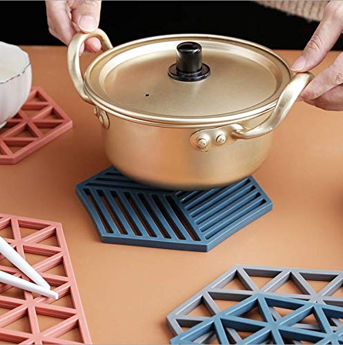 Naidev Silicone Trivet Mats and Hot Pads 6 PCs 6.33 5.5 in Hexagon Heat Resistant Multifuntion Kitchen Tool for Bowl Mats, Dish Mats, Place-mats, and Drink Coasters (Pack - 3 line Blue) 2