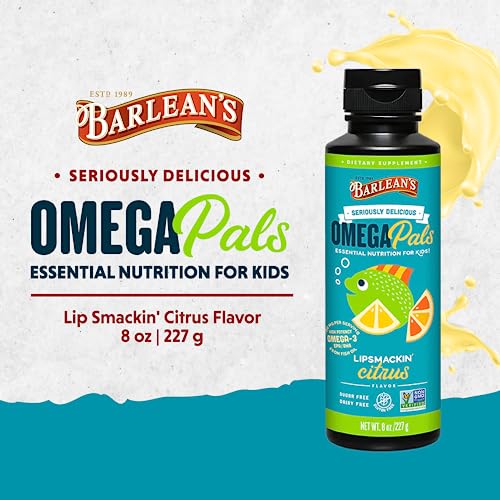 Barlean's Omega Pals Lipsmackin' Citrus Flavored Omega-3 For Kids, Yummy Children's Liquid Fish Oil Supplement With 750 Mg Of Epa & Dha For Brain & Eye Health, 8 Oz #TOP1