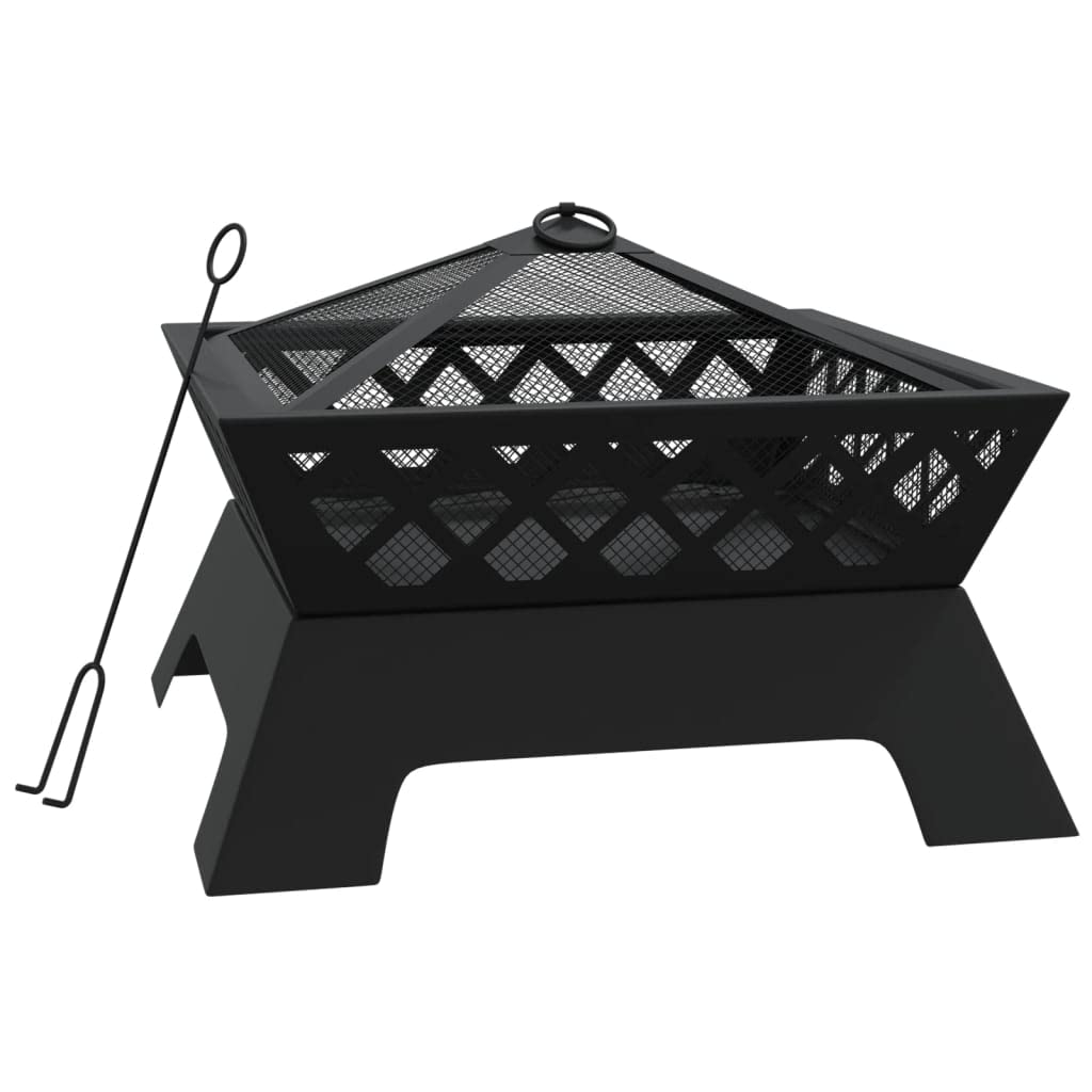 Ognisko zewnętrzne, 50 cm XXL stalowy kominek opalany drewnem, z osłoną siatkową i pokerem, przenośny, na patio, podwórko, czarne wykończenie, trwała konstrukcja