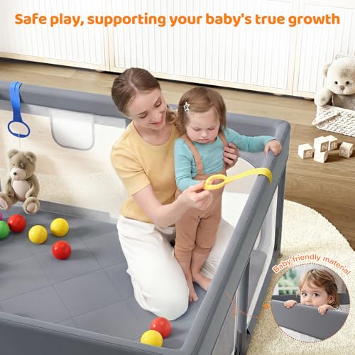 Image of Dripex Baby Playpen, 47 inchx47 inch Small Play Pen for Babies, Light Grey | With Buildmat /Colorful Balls / Pull up Rings, Breathable Visible Mesh, Easy Setup, Indoor /Outdoor Use