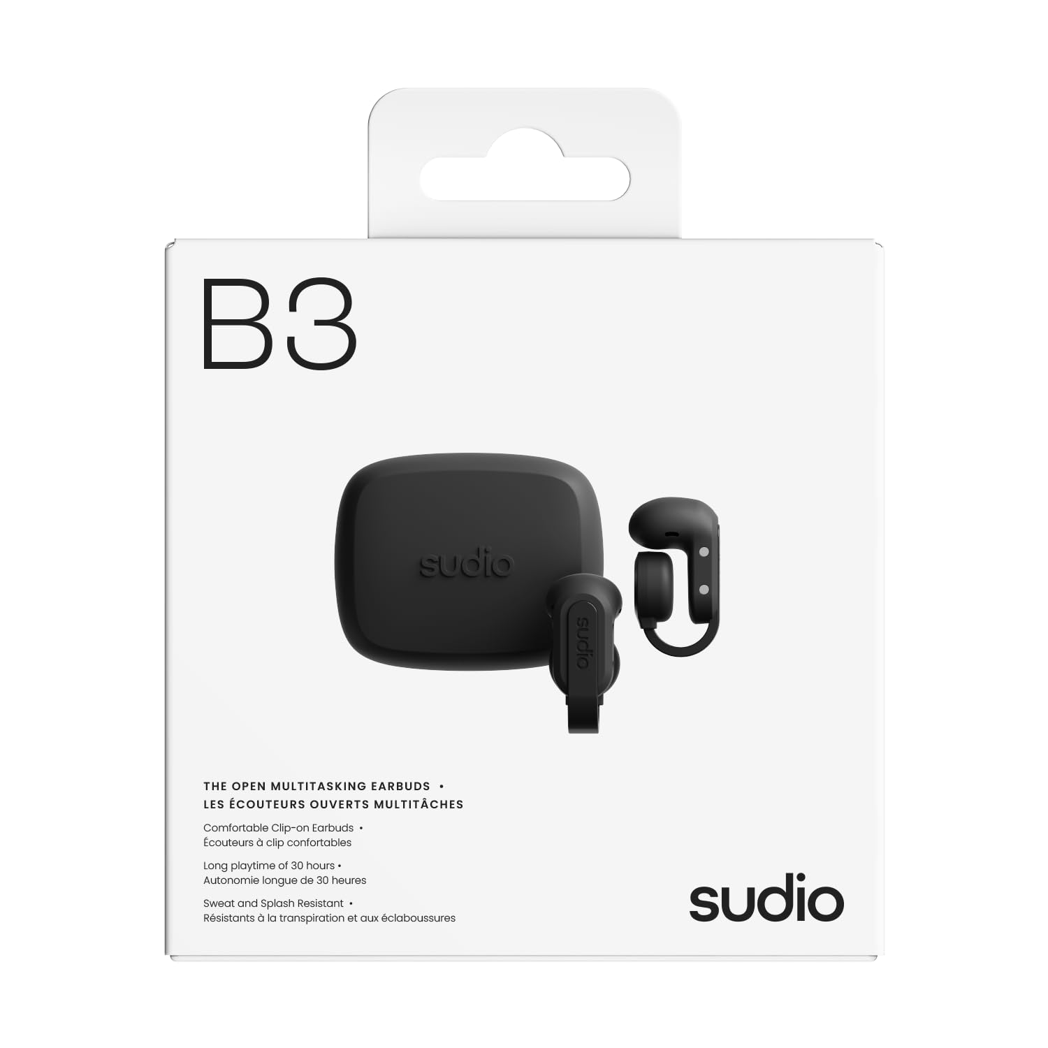 sudio B3 Noir Minuit - La Pince d'oreille Open Air. Fabriqué à partir de Plastiques recyclés. Casque Ouvert, Technologie de Conduction osseuse, Bluetooth 5.4, résistance à l'eau IPX4.