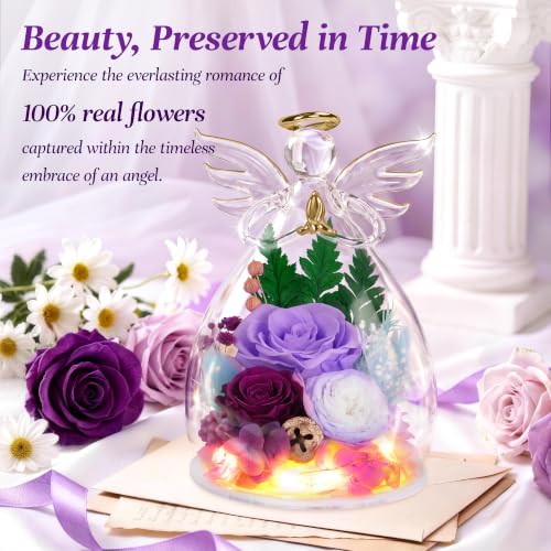 Image of encavy Birthday Gifts for Women,Fresh Flowers for Delivery,Preserved Rose Flowers in Angel Figurines,Light Up Purple Angel Real Rainbow Roses for Mom Grandma Wife Her Girlfriend Anniversary