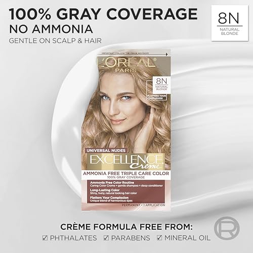 Image of L'Oreal Paris Excellence Universal Nudes Permanent Hair Color, Ammonia Free Hair Dye for Gray Hair Coverage, 8N Natural Blonde, 1 Hair Dye Kit (Pack of 2)