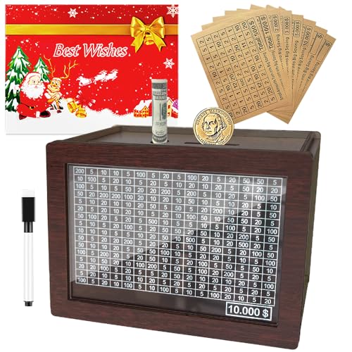 THOSEFUN 10000 Savings Challenge Box with 8 Money Targets, Cash Vault Wooden Money Saving Box Coin Piggy Bank for Adults Kids Kakeibo Money Box with Counter and Numbers for Girls Boys (Redwood)